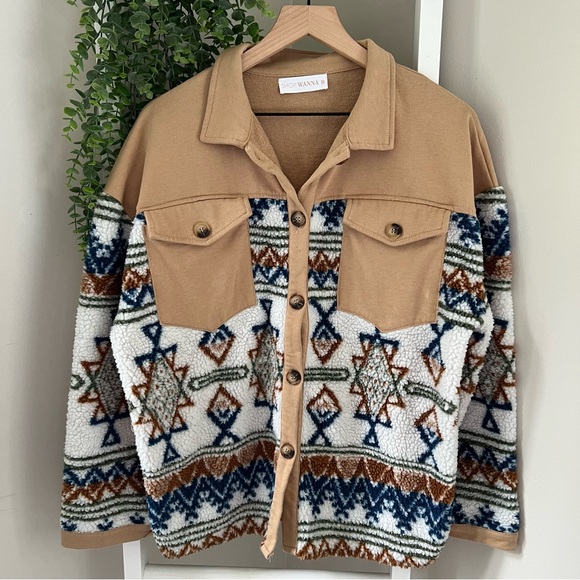 Aztec Western Cowgirl Tribal Boho oversized Shacket jacket tan women’s medium - Picture 2 of 10